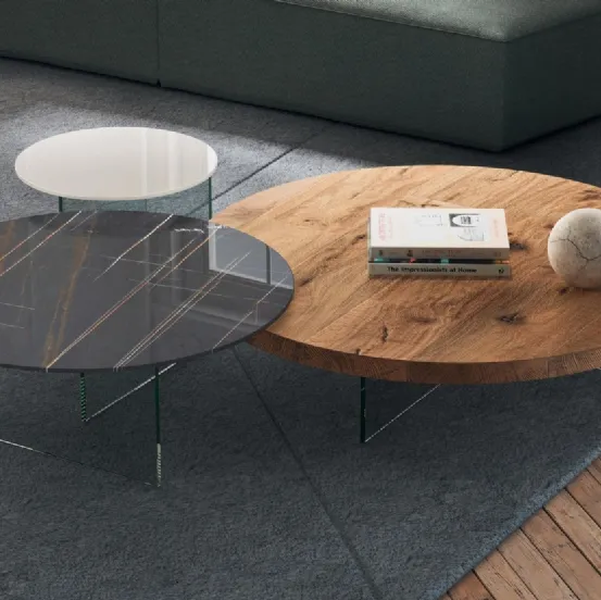Tavolino Air Rotondo in vetro laccato, vetro effetto marmo e legno di Rovere centenario di Lago