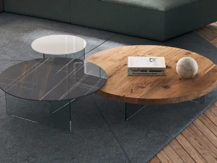 Tavolino Air Rotondo in vetro laccato, vetro effetto marmo e legno di Rovere centenario di Lago
