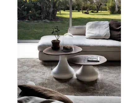 Tavolino in alluminio verniciato con piano in MDF impiallacciato con sezione di tronco d'albero di Noce Rio di Cattelan Italia