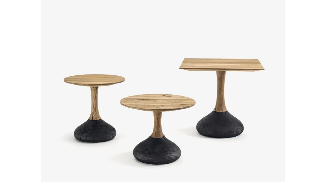 Tavolini Decant Small Table Round and Squared con top in legno massello a liste incollate, basamento realizzato da gamba centrale nella stessa essenza del top e piantana in legno di cedro vulcano di Riva1920