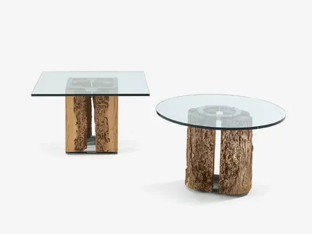 Tavolini Versa & Vice con top in vetro extrachiaro quadrato o tondo e base in legno massello di Briccola di Riva1920