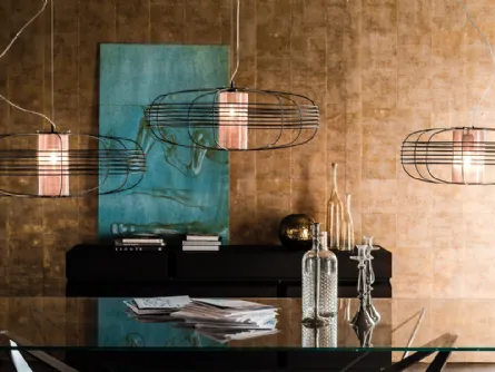 Lampada a sospensione in acciaio con paralume in vetro e rete di rame Galaxy di Cattelan Italia