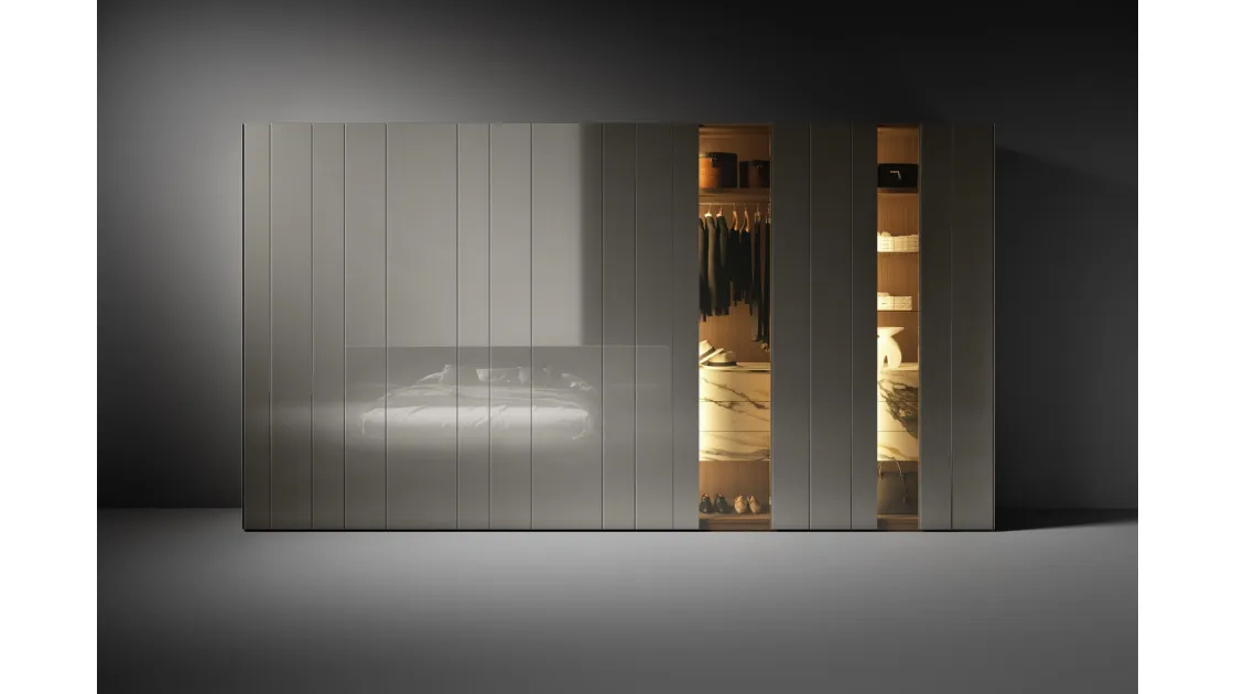 Armadio con ante battenti NOW in vetro laccato Grigio con Vetrinetta Bronzo di Lago