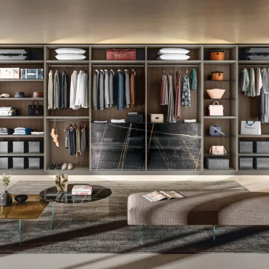 Cabina Armadio in laccato opaco con cassettiera in vetro effetto marmo Calacatta Black Outfit Marble XGlass di Lago