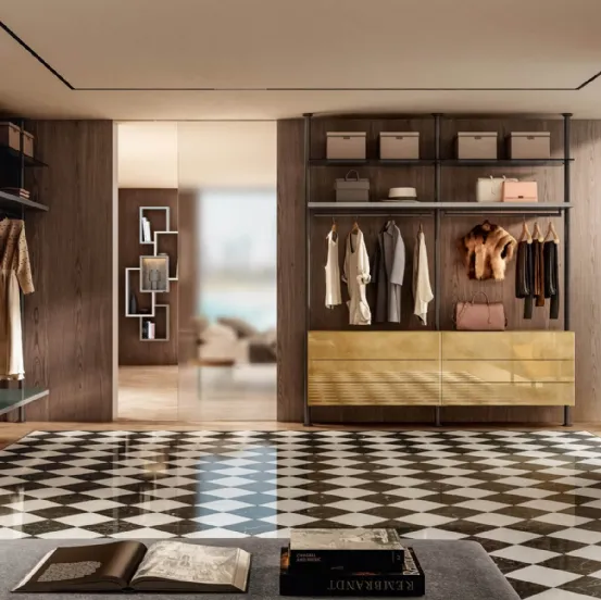 Cabina Armadio moderna in laccato opaco e vetro finitura Oro metallizzato Vista di Lago