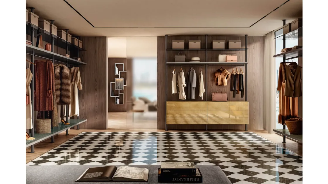 Cabina Armadio moderna in laccato opaco e vetro finitura Oro metallizzato Vista di Lago