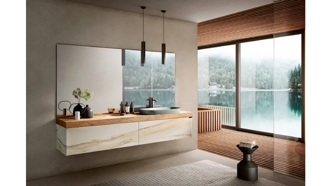 Mobile da Bagno sospeso 36e8 06 in vetro finitura effetto marmo con top in legno di Rovere di Lago