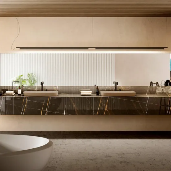 Mobile da Bagno sospeso 36e8 04 in vetro finitura effetto marmo con Doppio Lavabo di Lago