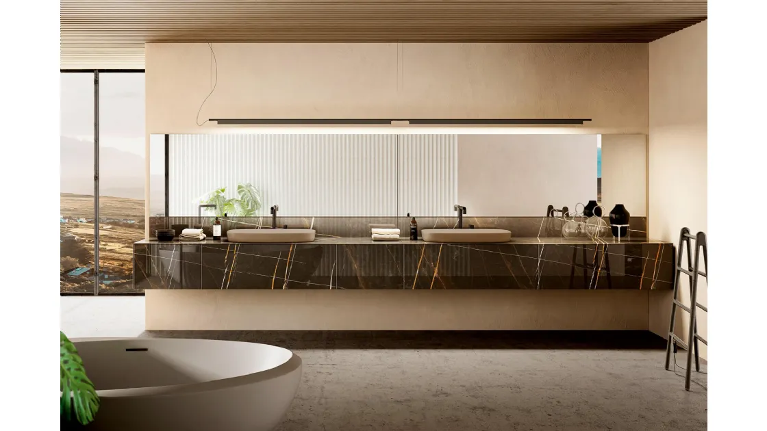 Mobile da Bagno sospeso 36e8 04 in vetro finitura effetto marmo con Doppio Lavabo di Lago
