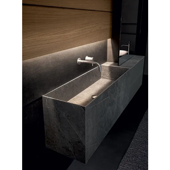 Mobile da Bagno sospeso Blade 02 in gres stone Grey, vetro satinato e boiserie in Noce di Modulnova bagni
