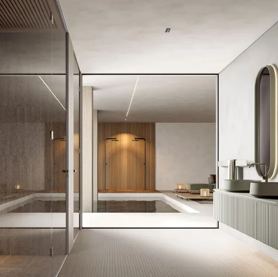 Mobile da Bagno sospeso dalla forma arrotondata Calipso 2341 finitura Texture Veneziana Argilla di Edoné