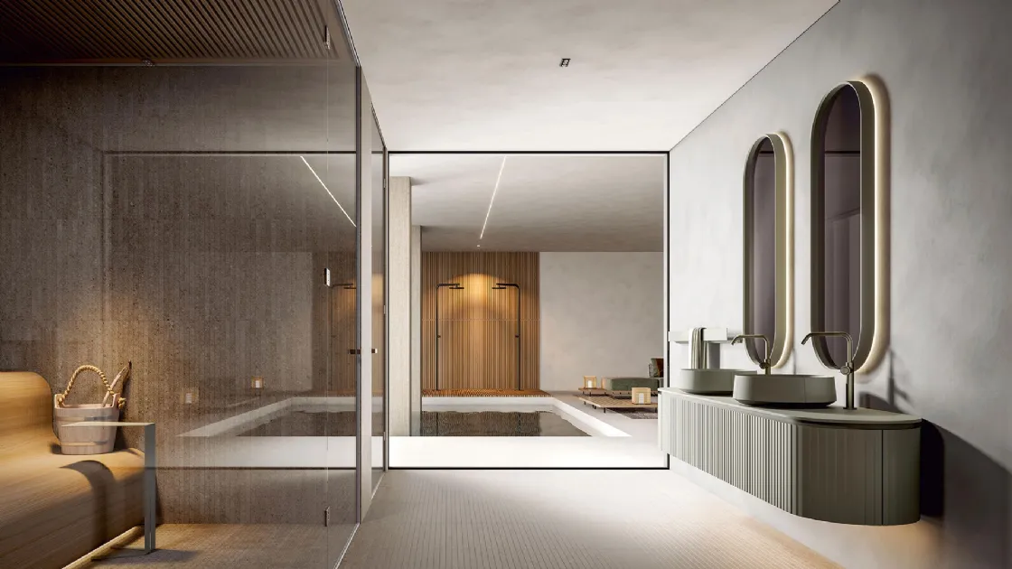 Mobile da Bagno sospeso dalla forma arrotondata Calipso 2341 finitura Texture Veneziana Argilla di Edoné