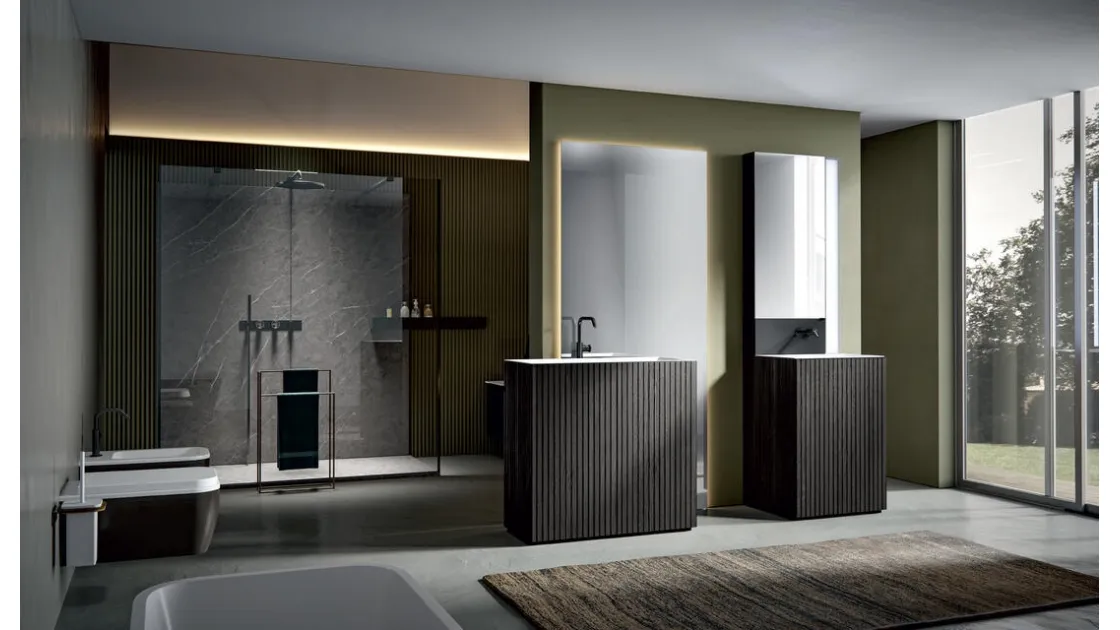 Mobile da Bagno a terra in Texture Veneziana Fuliggine con top integrato Chrono 38 3003 di Edoné