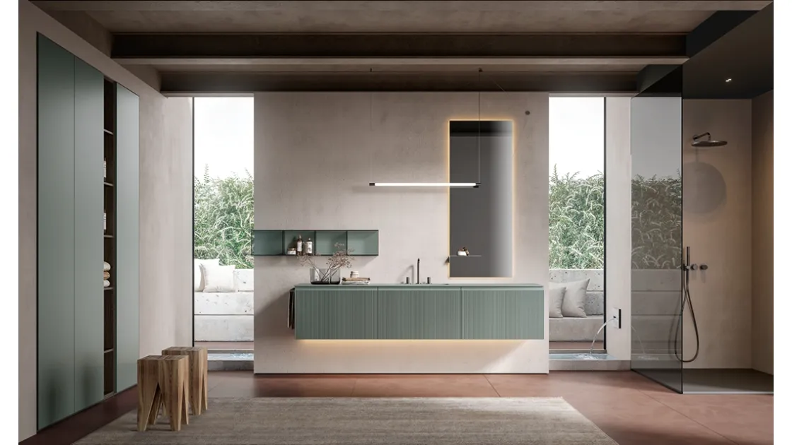 Mobile da Bagno sospeso Eros 03 in polimerico cannettato laccato lago di Edoné