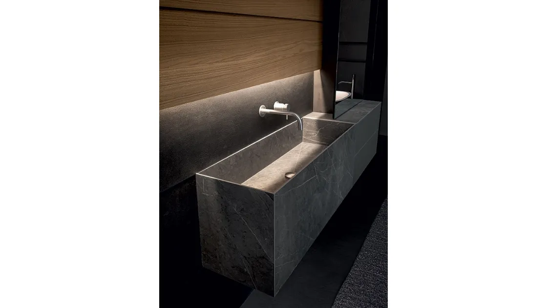 Mobile da Bagno sospeso Blade 02 in gres stone Grey, vetro satinato e boiserie in Noce di Modulnova bagni