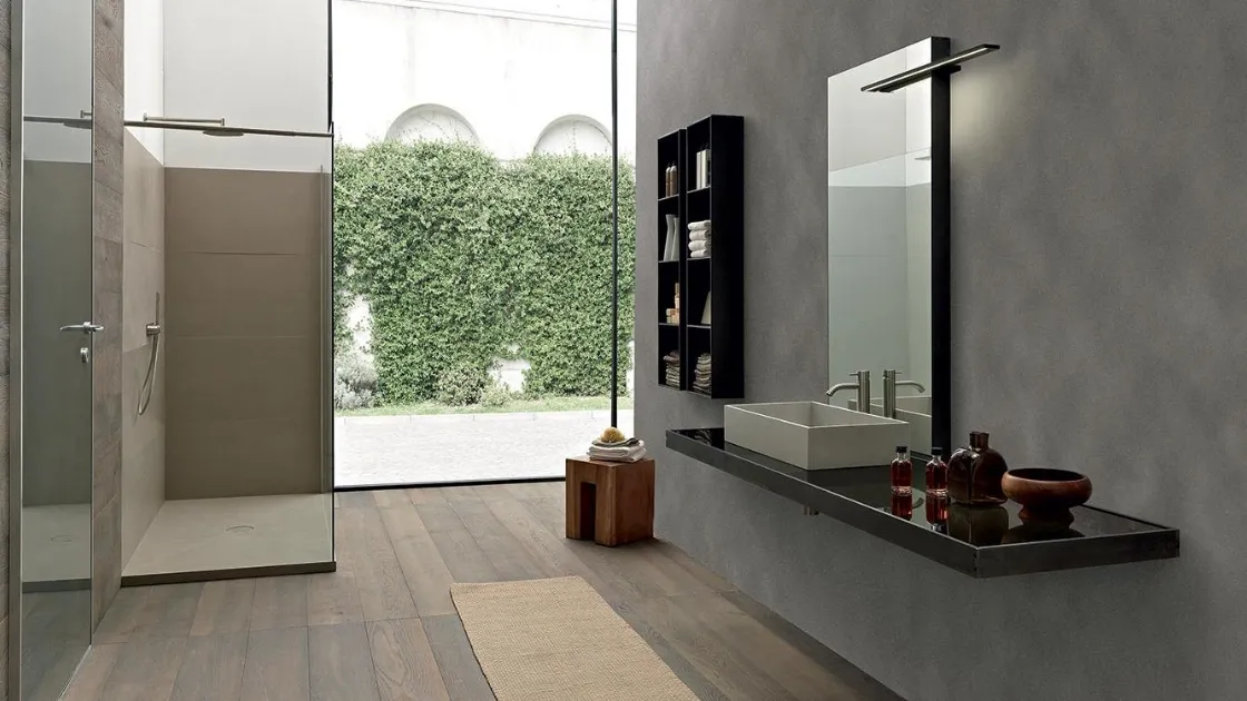 Mobile da Bagno sospeso con piano in vetro Grigio Europa Surf 02 di Modulnova bagni