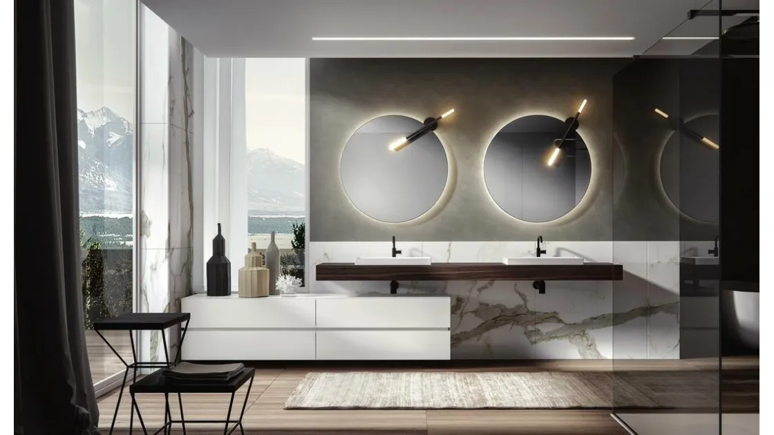 Mobile da Bagno sospeso in laccato opaco Panna con top in Rovere termotrattato Nike 004 di Edoné