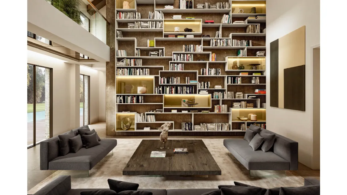 Libreria LagoLinea a tutta parete in laccato opaco e vetro di Lago
