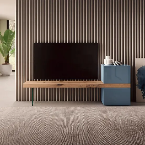 Mobile Porta Tv 36e8 0525 in legno di Rovere e vetro laccato lucido di Lago