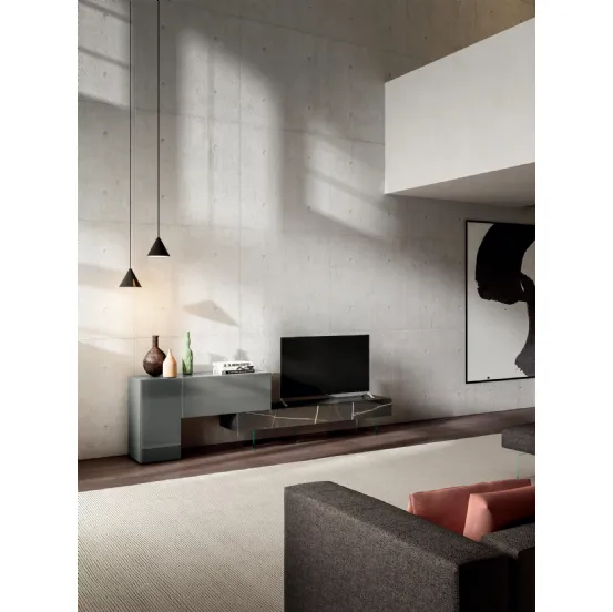 Mobile Porta Tv 36e8 0707 in vetro laccato e in vetro effetto marmo XGlass Sahara Noir di Lago