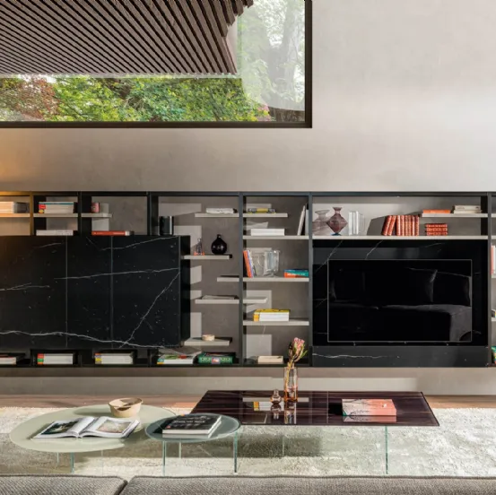 Parete Attrezzata sospesa 30mm 05 in finitura Marble XGlass Nero Marquinia di Lago