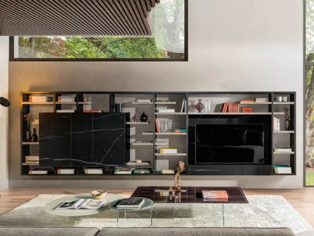 Parete Attrezzata sospesa 30mm 05 in finitura Marble XGlass Nero Marquinia di Lago