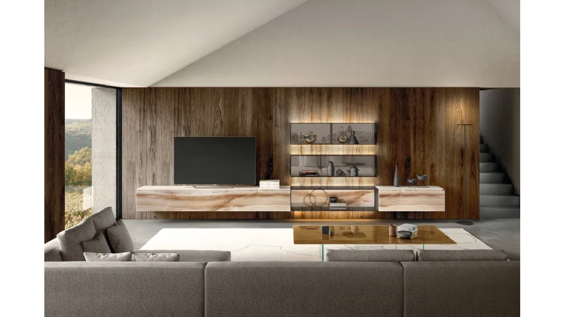 Parete Attrezzata Effetto Marmo Brooklyn - 210x36,5x170 Cm, In Legno Nobilitato, Colore Olmo E Grigio - Foto 9