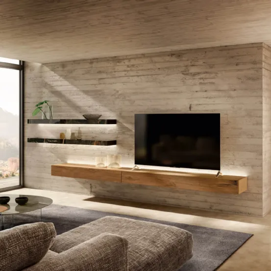 Parete Attrezzata sospesa Dub in legno di Rovere con Mensole in vetro finitura effetto marmo di Lago
