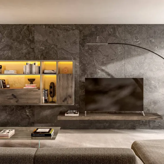 Parete Attrezzata sospesa Idea Salvaspazio in Legno di Rovere Grigio di Lago