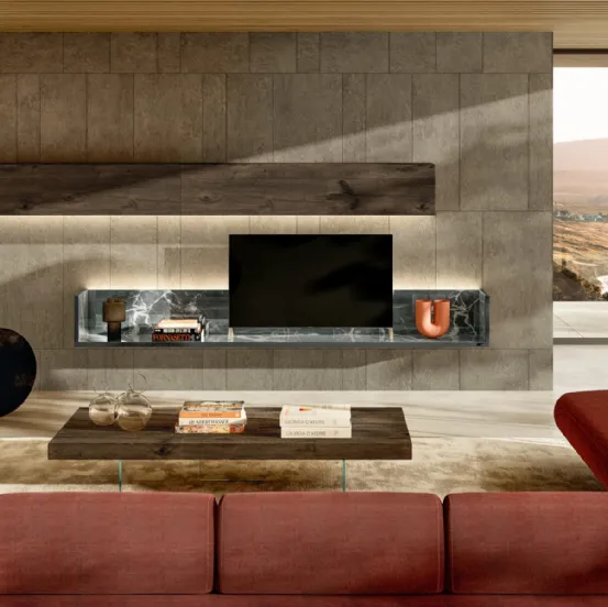 Parete Attrezzata sospesa LagoLinea in Rovere scuro e vetro finitura Calacatta Black di Lago