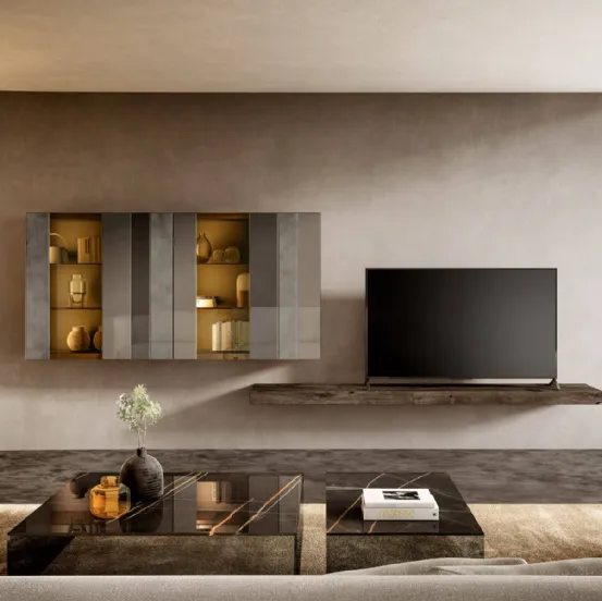 Parete Attrezzata Now con Vetrinetta e piano di appoggio per TV in legno di Rovere scuro di Lago