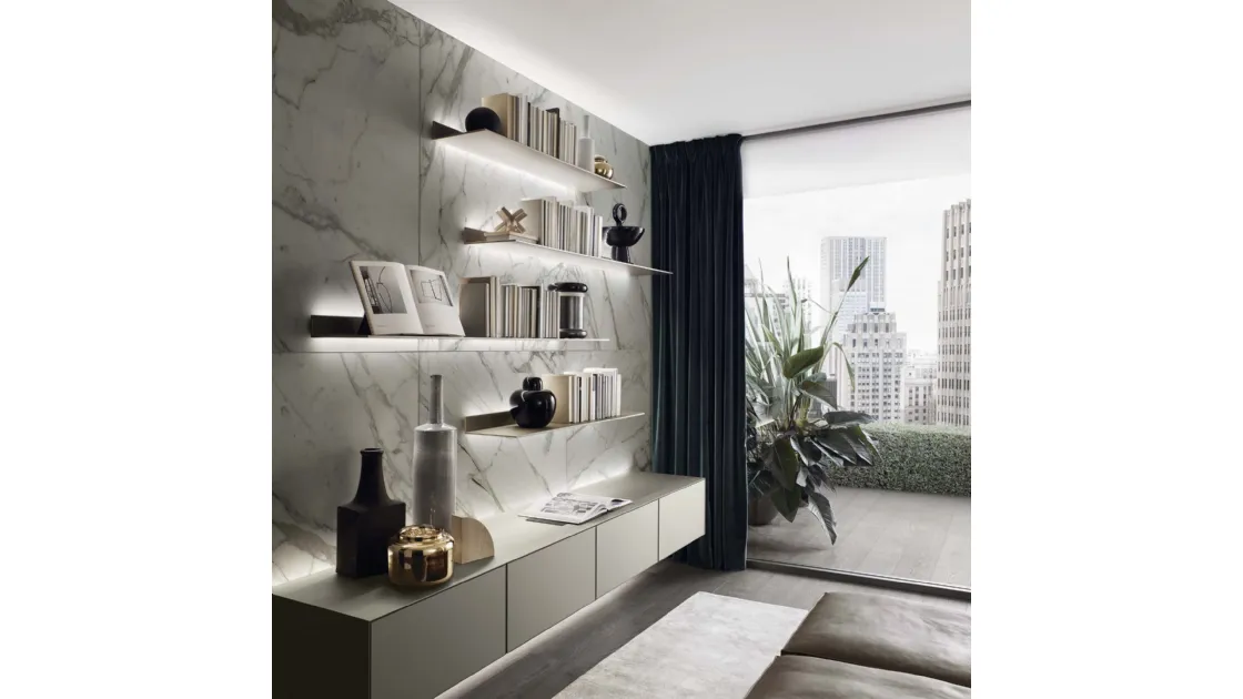 Parete Attrezzata sospesa Self in vetro finitura Palladio opaco e alluminio finitura Brown di Rimadesio