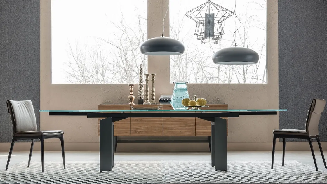 Tavolo allungabile in cristallo con gambe in acciaio Elan Drive di Cattelan Italia