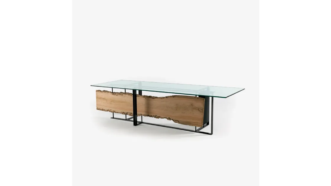 Tavolo Cornice con top in vetro e struttura composta da una cornice in ferro che contiene una o più assi di legno massello di Briccola di Riva1920