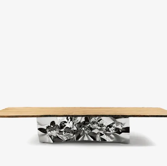 Tavolo Riflessi in Laguna con top realizzato in legno massello di Briccola a liste accostate e bordi naturali di Riva1920