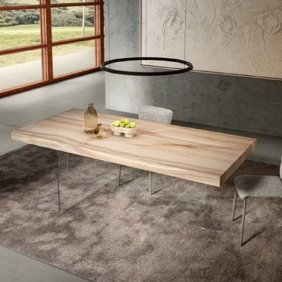 Tavolo monolitico Air XGlass 8 cm in vetro con top effetto marmo di Lago