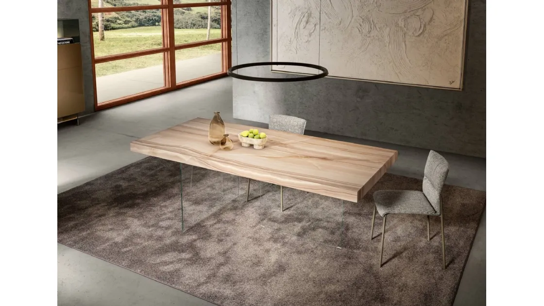 Tavolo monolitico Air XGlass 8 cm in vetro con top effetto marmo di Lago