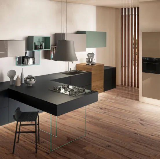 Cucina Design in laminato, legno e vetro 36e8 Fenix angolare con penisola di Lago