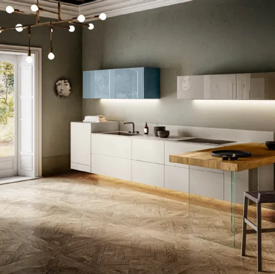 Cucina Design 36e8 Fenix con pensili in vetro laccato lucido e penisola in legno con base in vetro temperato trasparente di Lago