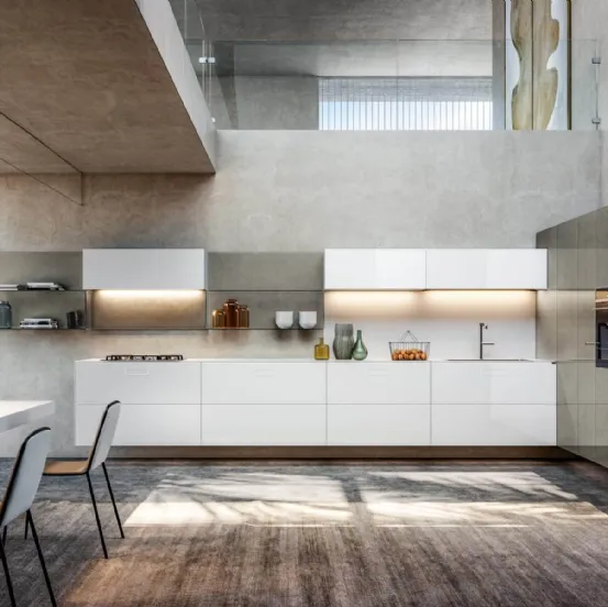 Cucina Design sospesa 36e8 lineare in vetro laccato lucido Bianco di Lago