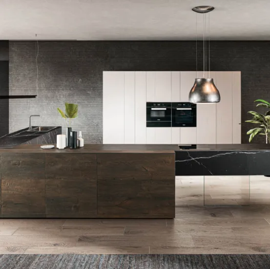 Cucina Design angolare 36e8 Marble XGlass Marquina e Rovere scuro di Lago