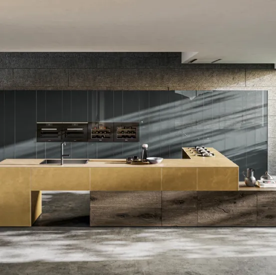 Cucina Design angolare 36e8 Metal XGlass in vetro laccato metallizzato color Oro e legno di Rovere di Lago