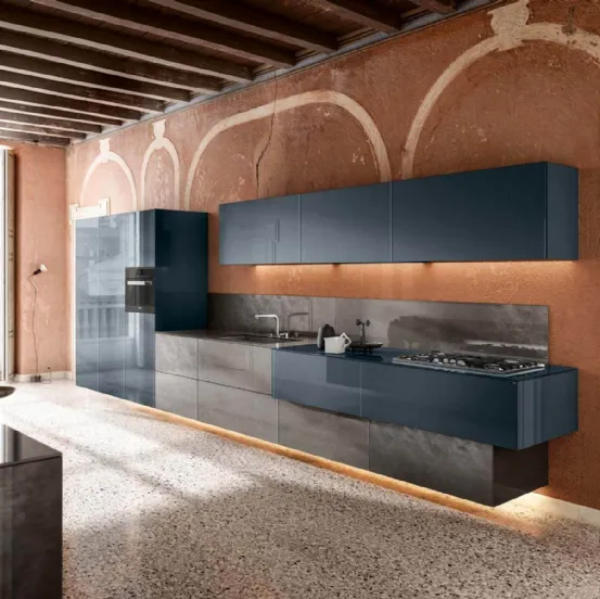 Cucina Design lineare sospesa 36e8 36e8 Metal XGlass 1093 in vetro laccato di Lago