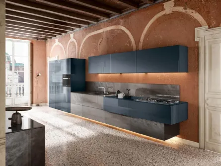 Cucina Design lineare sospesa 36e8 36e8 Metal XGlass 1093 in vetro laccato di Lago