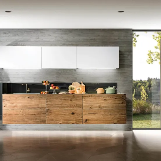 Cucina Design lineare sospesa 36e8 Wildwood 04 in legno di Rovere centenario e vetro laccato di Lago