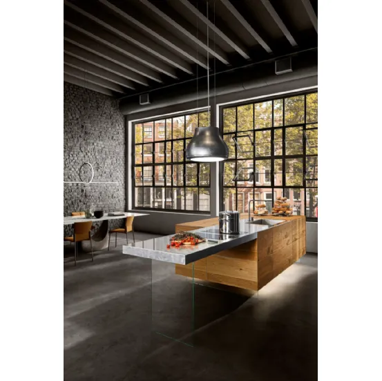 Cucina Design lineare 36e8 Wildwood 06 in legno di Rovere centenario e Quarzo di Lago