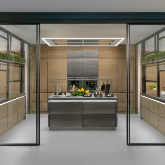Cucina Design con isola Chronos 4 in acciaio e legno de L'Ottocento