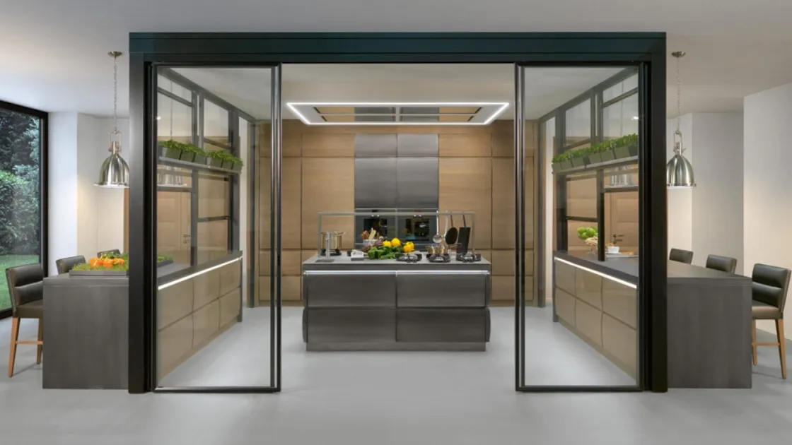 Cucina Design con isola Chronos 4 in acciaio e legno de L'Ottocento