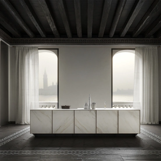 Cucina Design a isola in marmo con profili in noce Frame Lab di Modulnova
