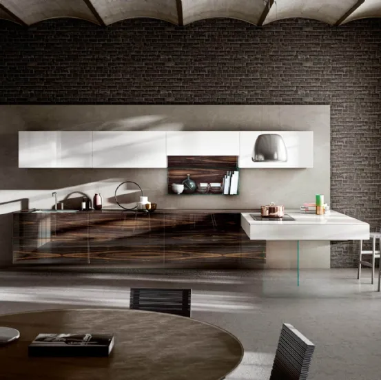 Cucina Design 36e8 Wood XGlass finitura Ebano Macassar con penisola e pensili in vetro laccato Bianco di Lago